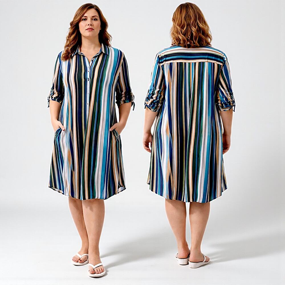 Yogaland Striped Shirt Dress Tunic Roll Tab Sleeves Pockets 1XL -  NWOT